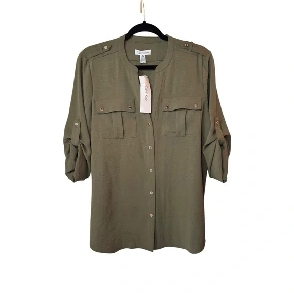 Calvin Klein Olive Green Utility Button-Up Shirt with Silver Buttons M NWT - Picture 3 of 10